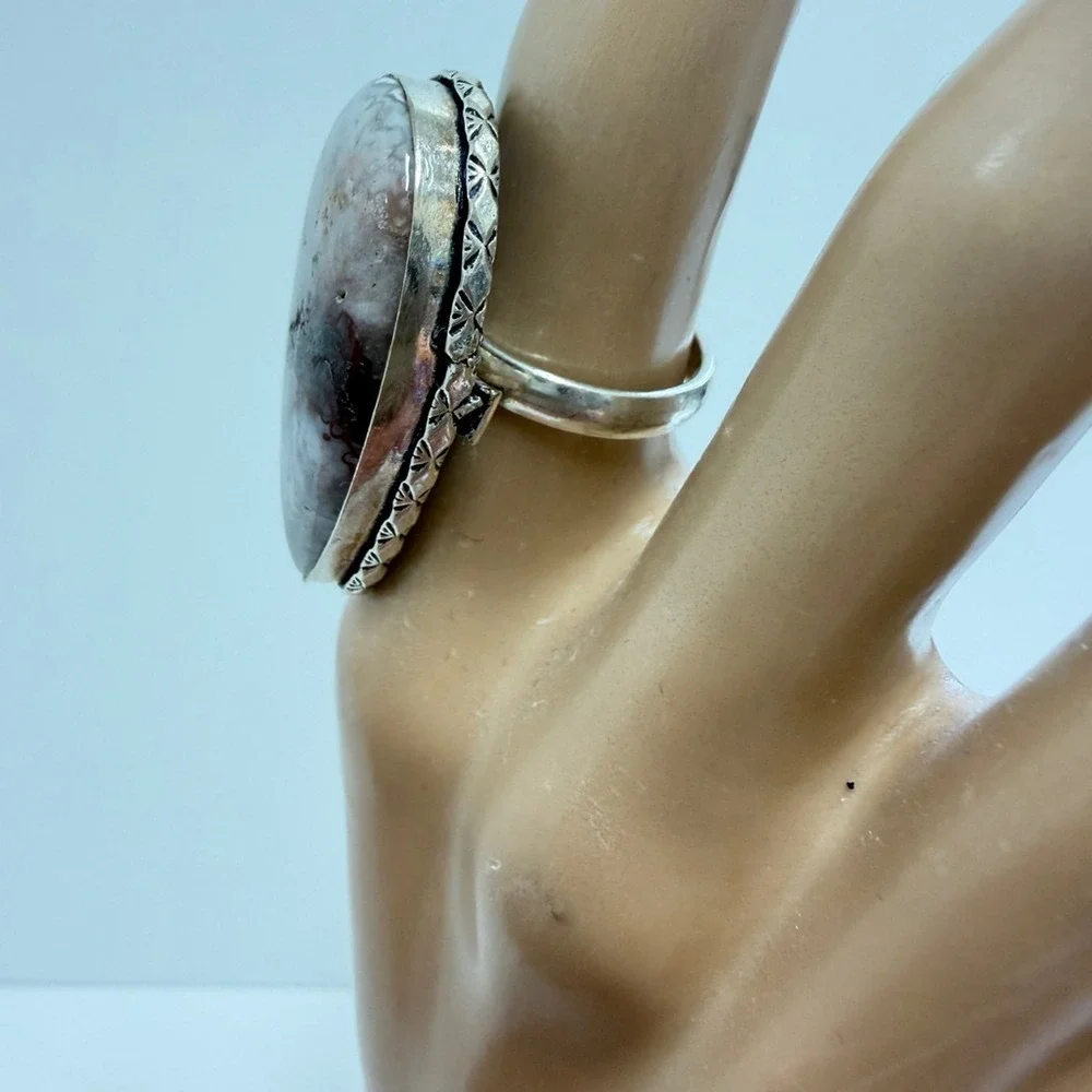 Hand‎ Crafted Silver Plated Orca Agate Teardrop Statement Ring Size 6 Gift Box